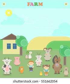 Farm animals. Plush animals. Illustration of a farm with animals and children with scrap-booking style