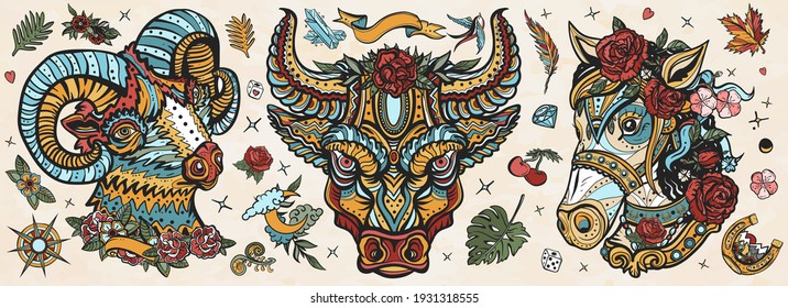 Farm animals portrait. Cute ram, evil bull, beautiful horse. Cartoon character. Old school tattoo vector collection. Traditional tattooing style 