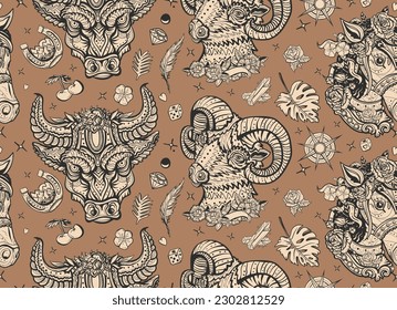 Farm animals portrait. Old school tattoo vector background. Seamless pattern. Cartoon character. Cute ram, evil bull, beautiful horse. Traditional tattooing style
