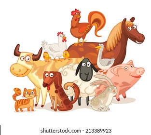 Farm Animals, posing together. Funny cartoon character. Vector illustration. Isolated on white background. Set