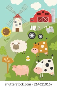 Farm animals poster, banner. Farming scene – cow, pig, sheep, goat, tractor, mill, barn. Vector illustration.