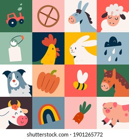 Farm animals poster with cute doodle cartoon illustrations for kids, colored pop art mural, cow, dog and pig with face expressions