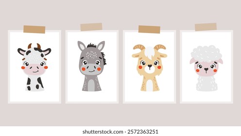 Farm animals posters, cute farm animals, kids illustrations, farm vector, cartoon