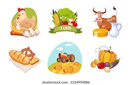 Farm Animals, Poultry and Eco Fresh Products Set, Farm and Agricultural Elements Vector Illustration