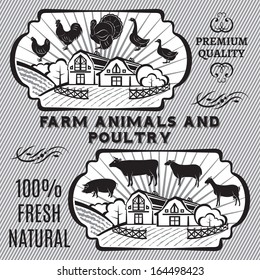Farm animals and poultry on background