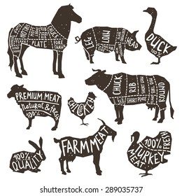 Farm animals and poultry silhouette icons set with typographics isolated vector illustration