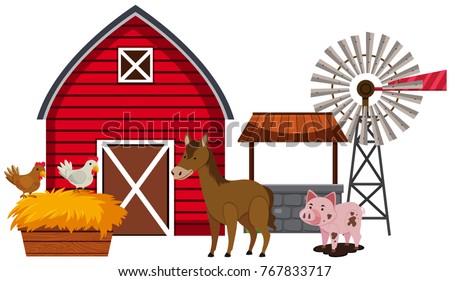 Farm Animals Red Barn Illustration Stock Vector (Royalty Free