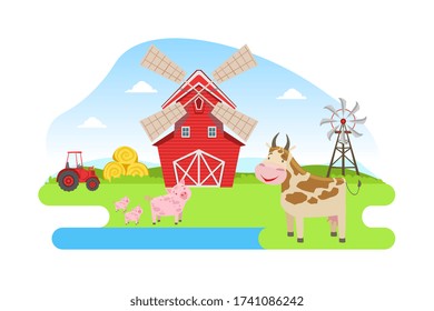 Landtiere, Roter Stall und Windmühle auf der schönen Sommer Landschaft Cartoon Vector Illustration