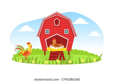 Farm Animals and Red Barn, Windmill on Beautiful Summer Rural Landscape, Rooster and Hen Hatchering Eggs Cartoon Vector Illustration