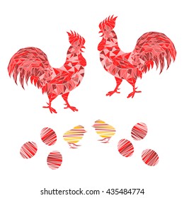 Farm animals: red roosters, yellow chicks, colorful eggs isolated on white. Vector illustration. 