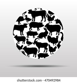 Farm animals. Retro styled farm animals silhouettes collection for groceries, meat stores, packaging and advertising. Vector logotype design.