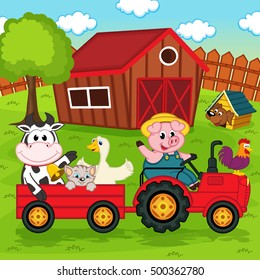 farm animals ride on the tractor in the yard - vector illustration, eps