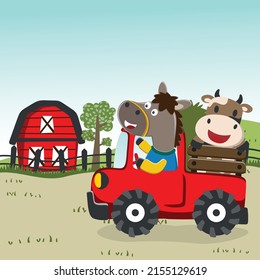 Farm animals ride on the truck in the yard, Can be used for t-shirt print, kids wear fashion design, invitation card. fabric, textile, nursery wallpaper and poster.