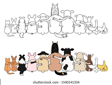 farm animals in a row, paws around shoulders each other, rear view