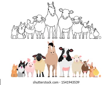 farm animals in a row, paws around shoulders each other