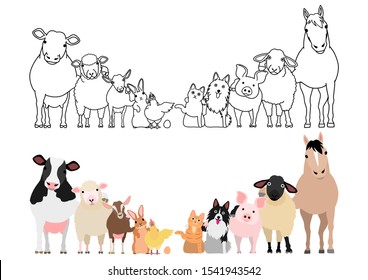 farm animals in a row, paws around shoulders each other