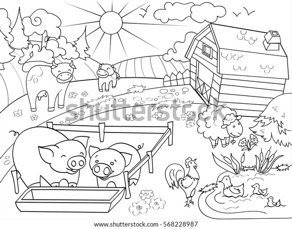 Download Farm Animals Rural Landscape Coloring Book Stock Vector Royalty Free 568228987