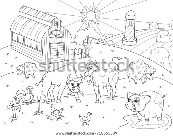 Immagine Vettoriale Stock A Tema Animali Da Fattoria E Paesaggio Rurale Royalty Free