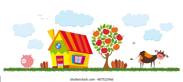 Farm animals. Rural landscape. Vector illustration.