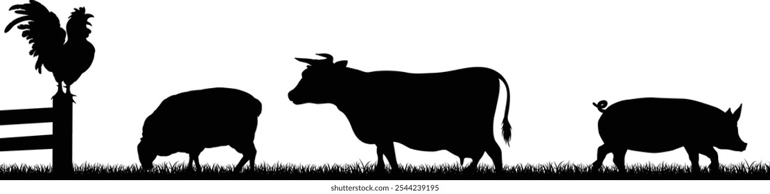 A farm animals scene with silhouettes of cow, chicken, sheep and pig in a grass field scene landscape