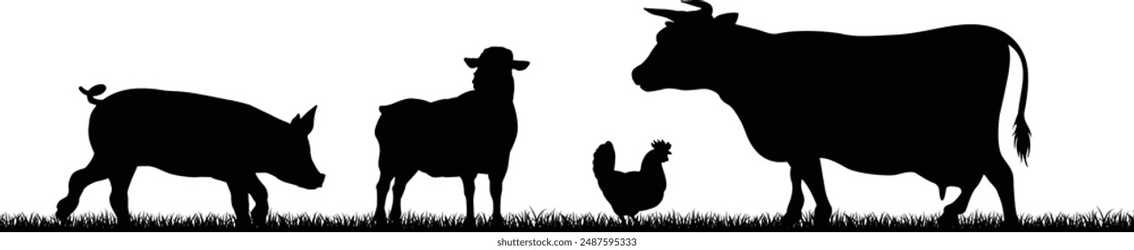 A farm animals scene with silhouettes of cows chicken, sheep and pig in a grass field scene landscape
