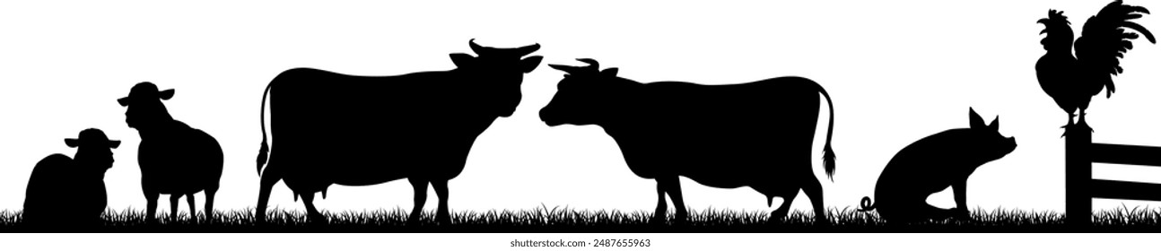 A farm animals scene with silhouettes of cows, chicken, sheep and pig in a grass field scene landscape