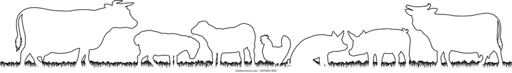 A farm animals scene with silhouettes of cows, chicken, sheep and pigs in a grass field scene landscape