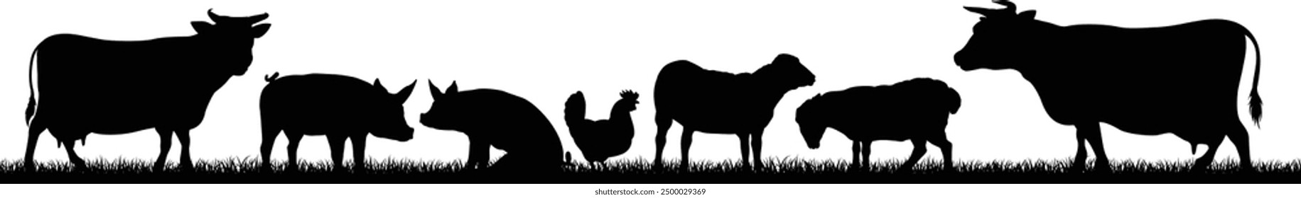 A farm animals scene with silhouettes of cows, chicken, sheep and pigs in a grass field scene landscape