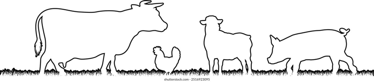 A farm animals scene with silhouettes of cows chicken, sheep and pig in a grass field scene landscape
