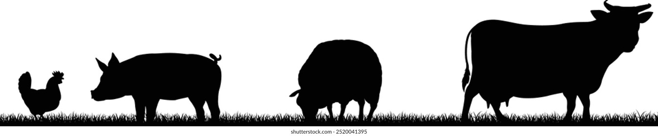 A farm animals scene with silhouettes of cows chicken, sheep and pig in a grass field scene landscape
