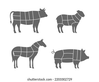 Los recortes de los esquemas de animales de granja. Cerdo, caballo, oveja, cortes de carne de vaca. Ilustración del diagrama de corte de carne aislada en fondo blanco.