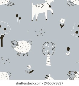 Farm animals, seamless countryside pattern in Scandinavian style. Domestic livestock in country, village. Rural repeating print, texture design, cute sheep, goat. Flat vector illustration for textile