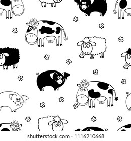 Farm animals. Seamless pattern with cartoon pigs, lambs and cows on a white background. Black and white vector illustration.