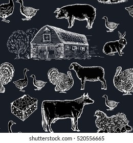 Farm animals seamless pattern Chalkboard style 