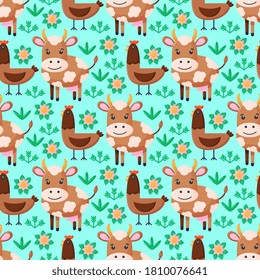 Farm animals seamless pattern. Collection of cartoon cute baby animals. Cow, chicken. Flat vector illustration isolated. 