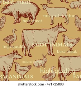Farm animals seamless pattern cow, goose, chicken, pig, rooster, goat, rabbit, hand drawn ink vintage engraving vector 