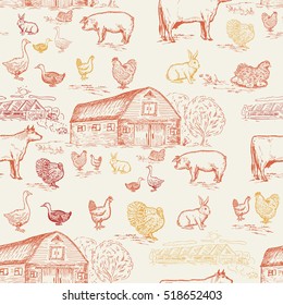 Farm animals seamless pattern, cows, geese, chickens, pigs, turkey, farm house. Farm animals background. 