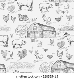 Farm animals seamless pattern, cows, geese, chickens, pigs, turkey, farm house. Farm animals background vector 