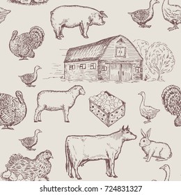 Farm animals seamless pattern, cows, geese, chickens. Farm market pattern 