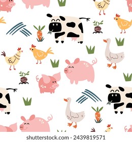Farm animals seamless pattern. Cute cow, funny pig, chicken and rooster, goose background. Kid print with rural landscape. Vector hand draw texture