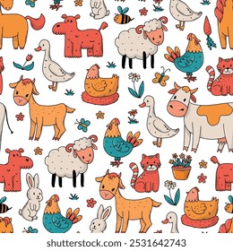 Animais de fazenda padrão sem costura com doodles bonitos, elementos de desenhos animados para papel de parede, impressões têxteis, toalhas, utensílios de cozinha, papel digital, scrapbooking, embalagem, etc. EPS 10
