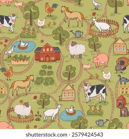 Farm animals seamless pattern. Cute cartoon farm animals background. Vector illustration.