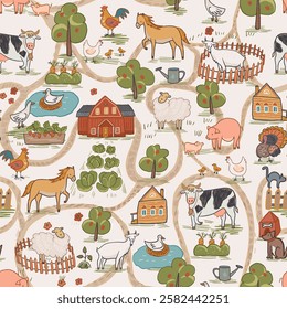 Farm animals seamless pattern. Cute cartoon farm animals background. Vector illustration.