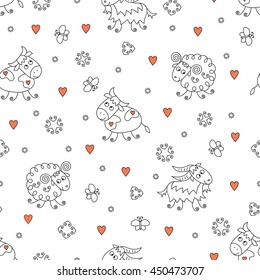 Farm animals seamless pattern. Funny cartoon cow, goat, sheep