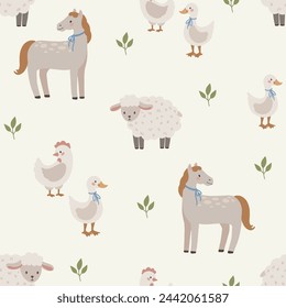 Farm animals seamless pattern hand drawn cute kids background vintage retro pallete, horse, sheep, chicken, goose