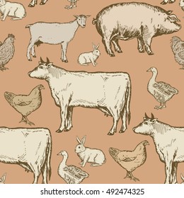 Farm animals seamless pattern hand drawn ink vintage engraving style vector 