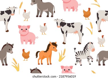 Farm Animals seamless pattern. Repeating image for printing on wrapping paper. Nature and agriculture. Chicken, pig and horse. Poster, banner, cover or wallpaper. Cartoon flat vector illustration