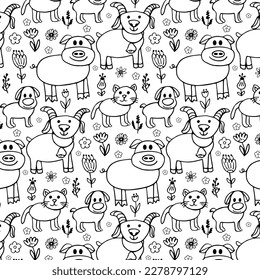 Farm animals seamless pattern in sketch style isolated on white background. Domestic pets.
