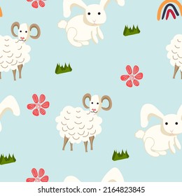 Farm animals seamless pattern. Vector print with rabbit, sheep for nursery, fabric, textile, wrapping paper, wallpaper 