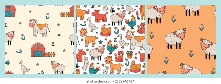 Farm animals seamless patterns with hand drawn elements, doodles for nursery prints, wallpaper, wrapping paper, scrapbooking, stationery, textile, etc. EPS 10